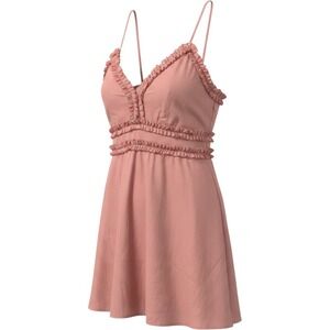 Trixxi Womens Pink Ruffle V-Neck Mini Dress Sleeveless Fit & Flare Large Boho